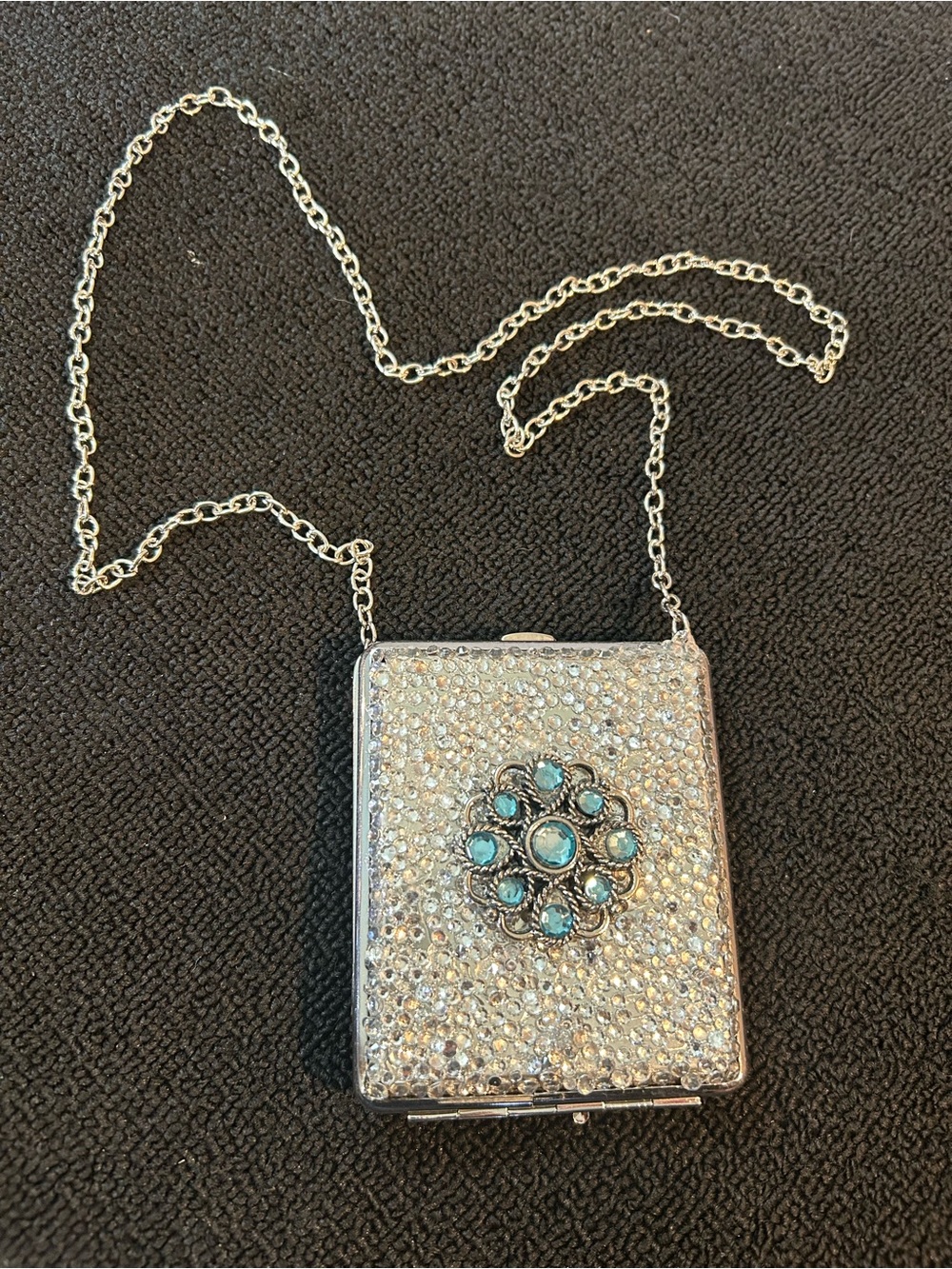 Rhinestone Embellished Card Carry Case with Strap. Accented Blue Statement Piece